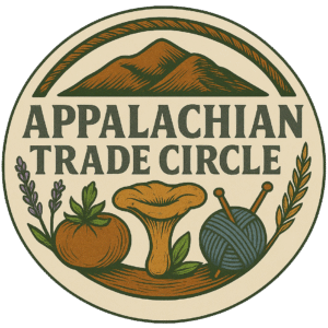 appalachian trade circle logo with mountains, lavender, a tomato, mushroom, and ball of yarn